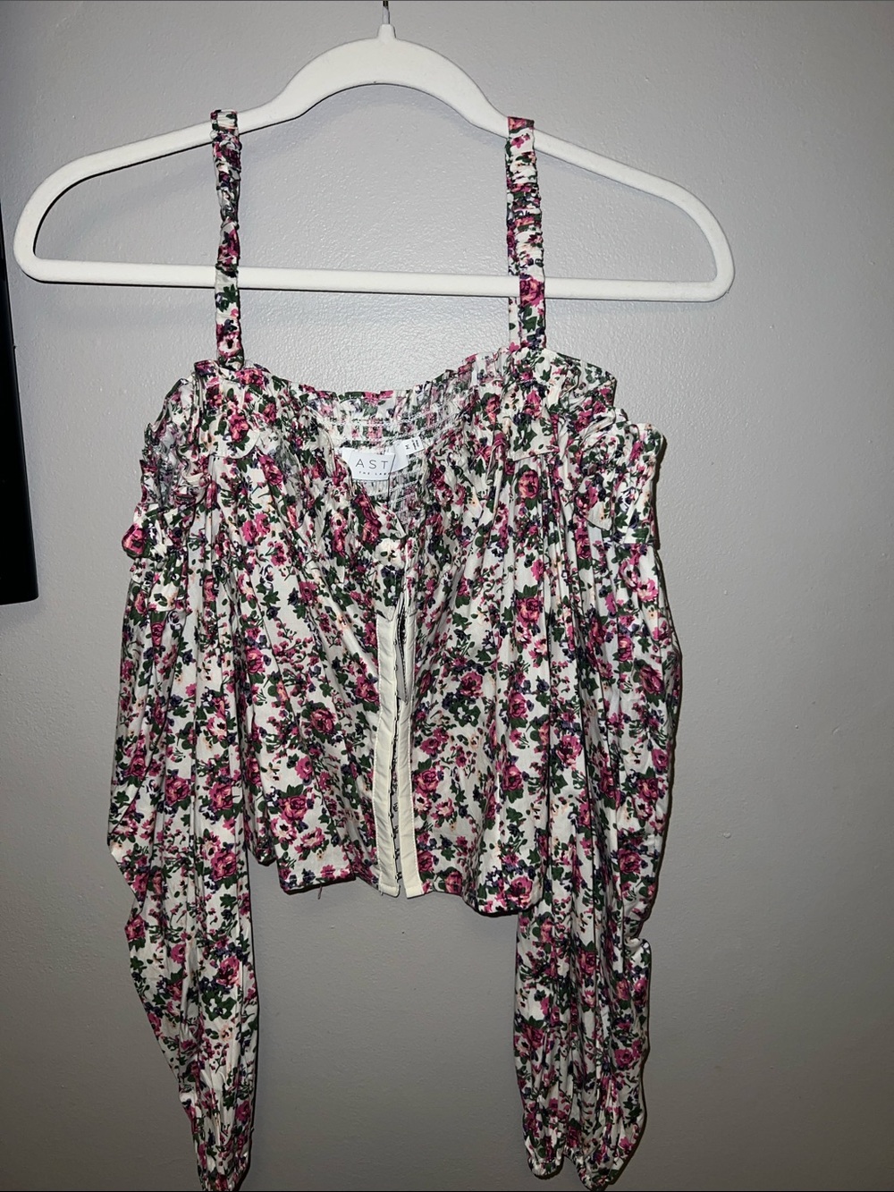 Astr White Floral Off-Shoulder Crop Top - Pink & Green